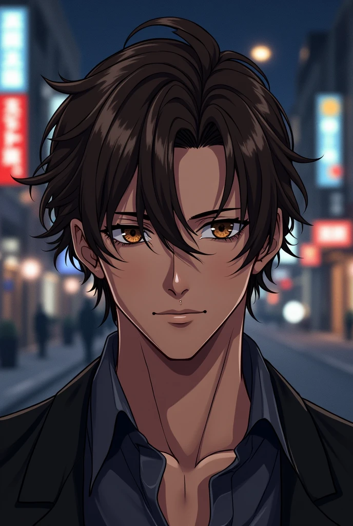 Man in his 30s、Sexy adult man、An ennui atmosphere、Long Bangs、Teardrop、Sidelong glance、Brown eyes、Brown Hair、Droopy eyes、A frivolous smile、A little long hair、Semi-realistic illustrations with an anime feel、The background is a night city、Lips are without color