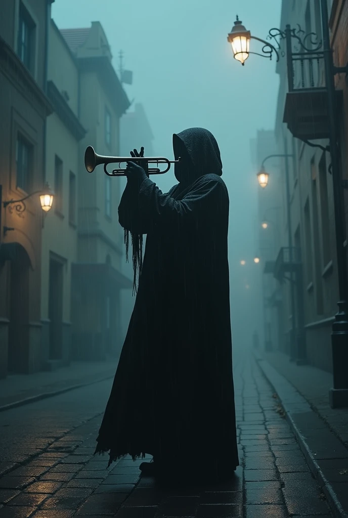 Gothic trumpeter on a rainy and foggy night