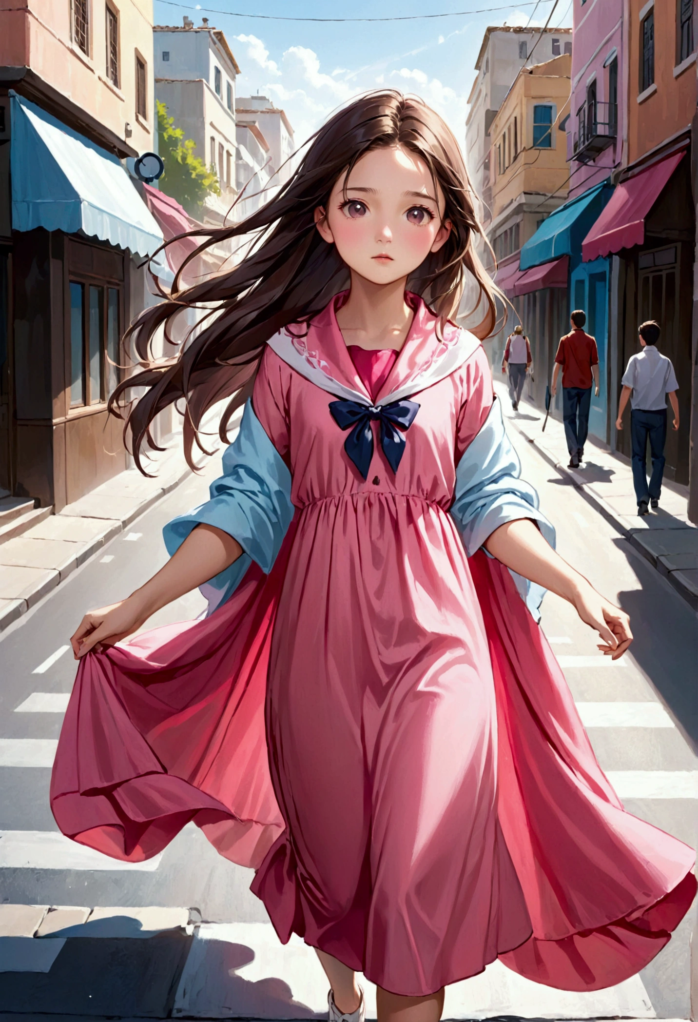 A teenager walking in street. She have long and loose hairs. Wearing pink drees and white shawl. She is so beautiful. 