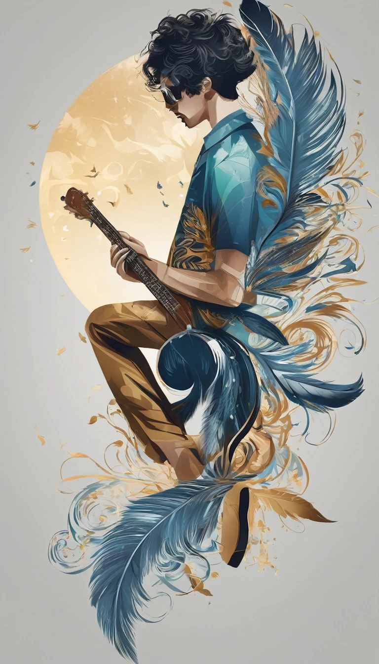 Create a cinematic, abstract symbol for a storytelling production brand based on stories and dreams called " Penamemoria". The logo should convey a fantasy theme and include the company of a boy and a feather. Fantastic, memorable, poetic, dreamy, sitting against a tree and playing guitar to a fantastic, unique, poetic white-blue-golden feather.