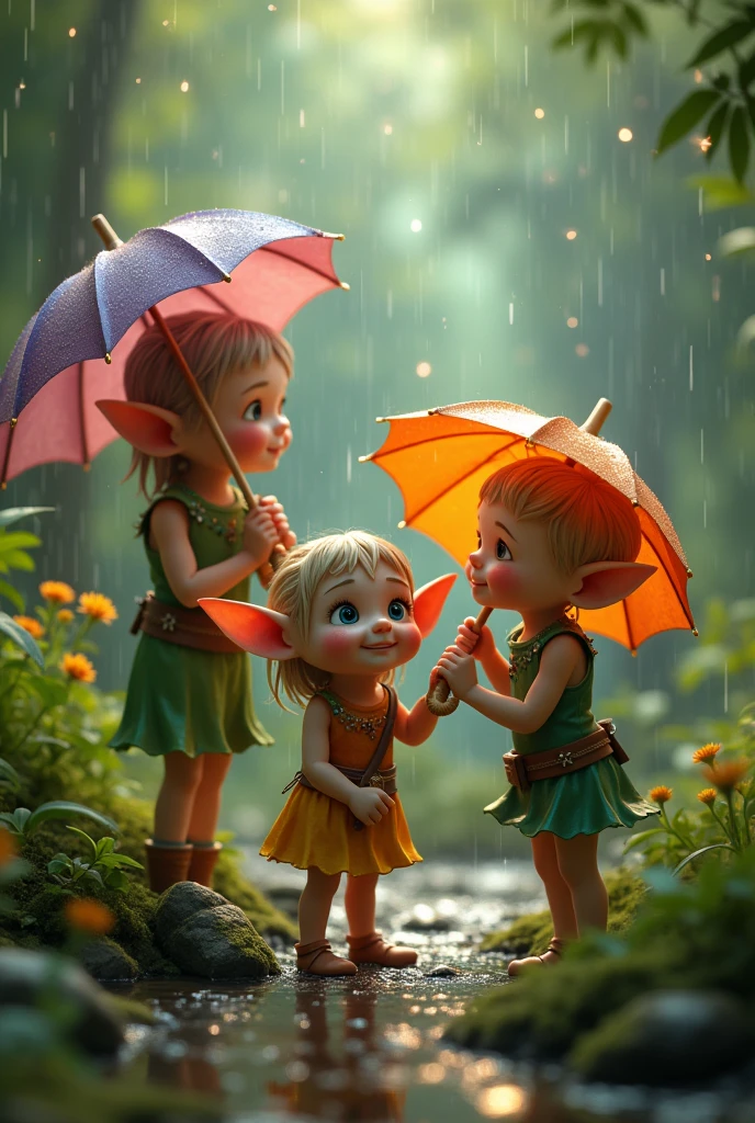 A tender little elf enjoying the rain with his friends, (best quality,4k,8k,highres,masterpiece:1.2),ultra-detailed,(realistic,photorealistic,photo-realistic:1.37),fantasy,fairy tale,whimsical,adorable elf,detailed face,big eyes,cute smile,rain,umbrella,forest,lush greenery,magical atmosphere,vibrant colors,warm lighting