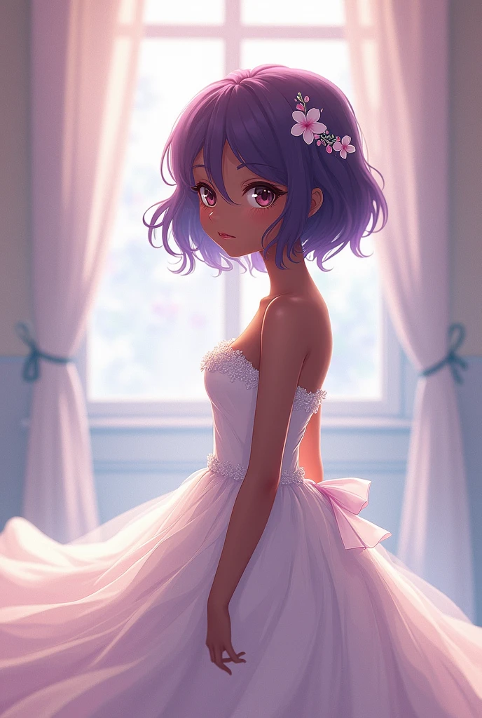 Dark-skinned girl, short shoulder length purple hair, Brown eyes, little chest, Wedding dress, Otome