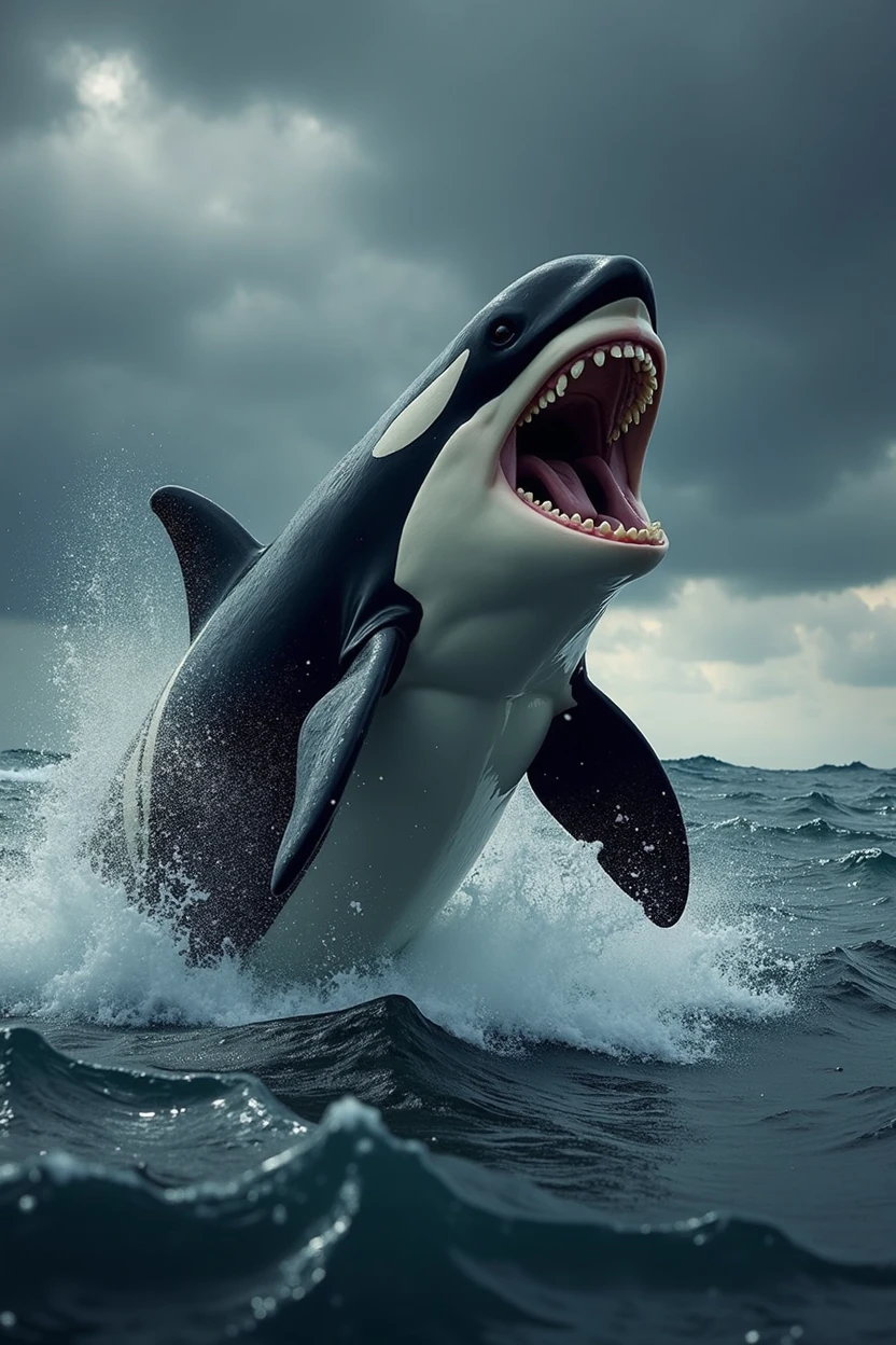 A powerful and aggressive orca (killer whale) emerging from the ocean with its mouth open, revealing sharp teeth. The orca is depicted in a dynamic pose, with water splashing around it as it breaches the surface. The expression on its face is fierce and menacing, capturing its reputation as a top predator. The background is a stormy sea with dark, turbulent waves and a dramatic sky filled with ominous clouds, enhancing the intensity of the scene.