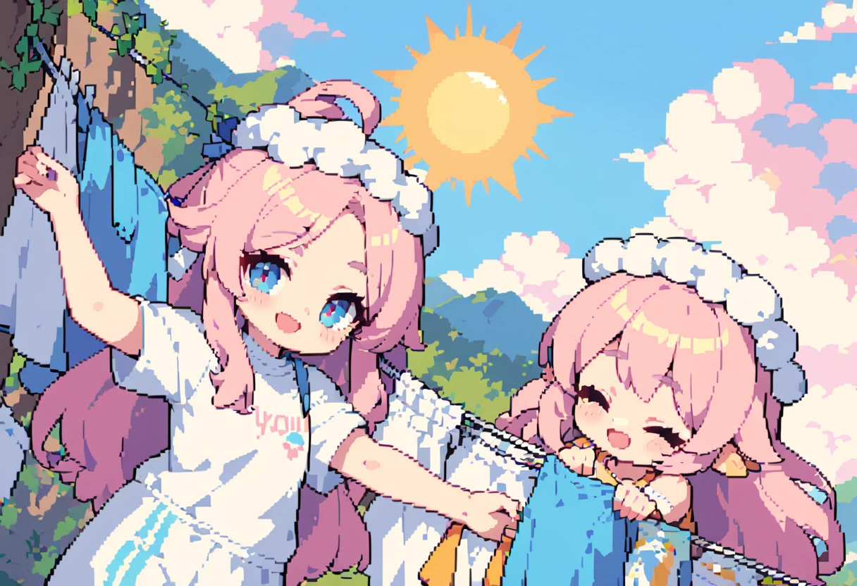 masterpiece, Highest quality, 8k, Pixel art, Pixel art, Vivid, woman, 若いwoman, smile, cute, Directed at an angle, Open your mouth, Fluffy hair, Long Hair, Hair like sheep's hair, Pink Hair, eyebrow, 太いeyebrow, Hanging out the laundry, Large white sheets, Clothesline, sun, blue sky, Wipe your forehead with your arm