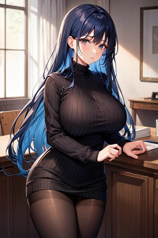 Big Breasts　Vertical knitwear　Black Pantyhose　Blue Hair　long hair　High resolution　masterpiece　Highest quality