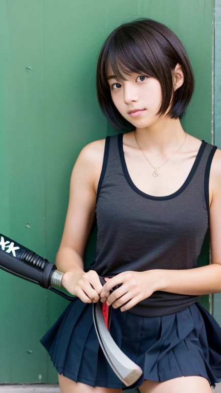 Japanese female high schools a field hockey player wearing a tank top、Boyish ultra-short hair、Dark brown hair color、I'm extremely sunburned、Sexy tank top with exposed belly and navel、masterpiece、High resolution、high quality、realism、Natural skin texture、Messy hairstyle、Lift up the skirt、You can see inside her skirt