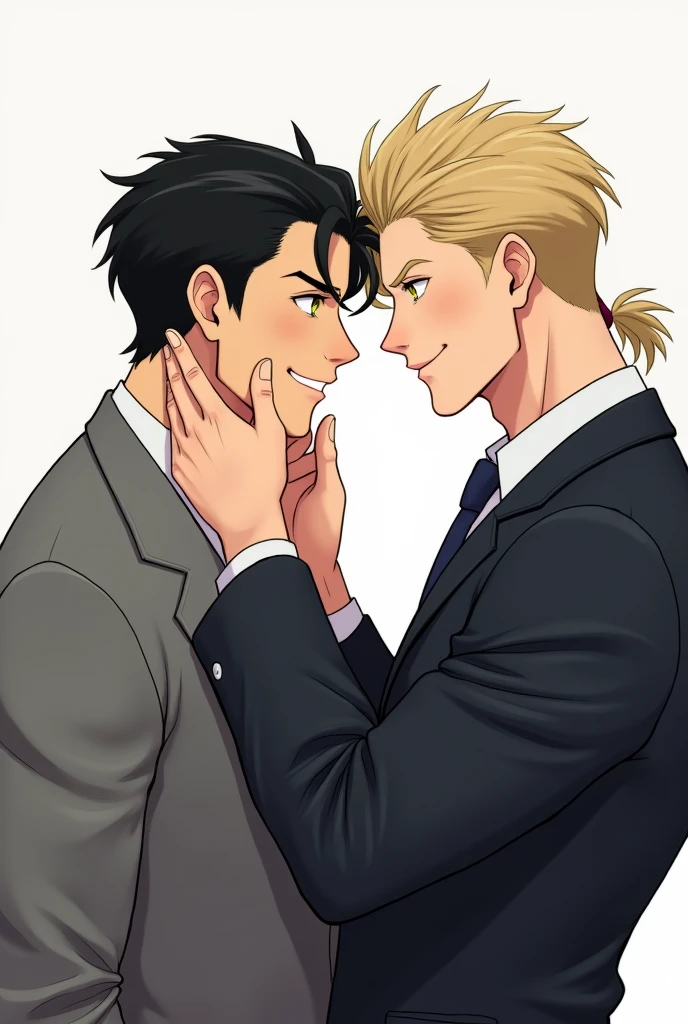 Muscular man, beautiful and youthful face, clear skin, semi wavy black hair, Slightly styled and a bit short hair, yellow eyes, dressed in a suit, smiling embarrassed, with the hand of another blond man combed with a ponytail, taking his chin to bring it closer. Simple digital drawing. 