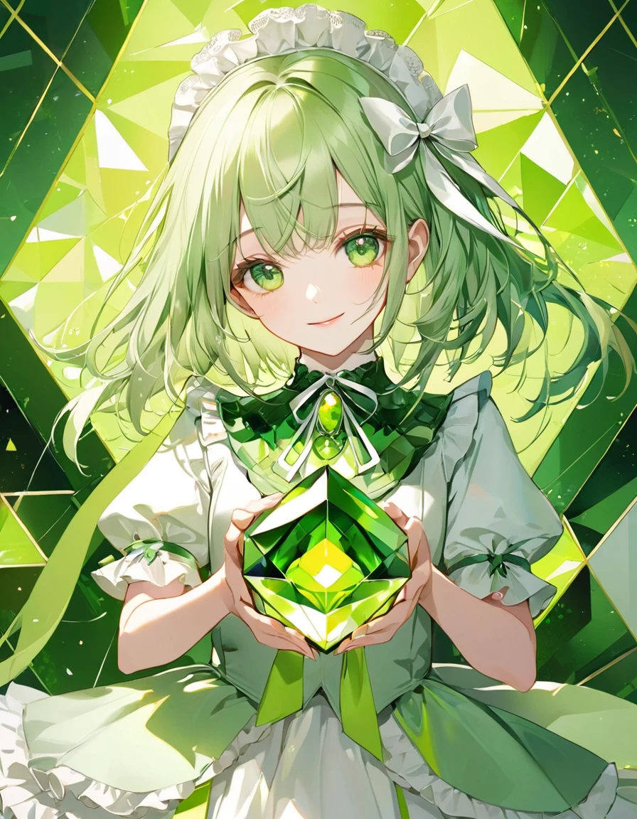 (digital art:0.2),(geometric art:1.3),(top-quality),(masterpiece)(1 girl),(girl holding the clear yellow-green gemstone),Delicately drawn face,girl with a pretty face,beautiful detailed green eyes,green and white lolita fashion,((green and white costume)),white skirt,(Beautiful silky green hair:1.2),white ribbon hair ornament,Film Lighting,abstract,a beautiful artistic illustration,white and green geometric background,(green and white mosaic),shy smile,cowboy shot