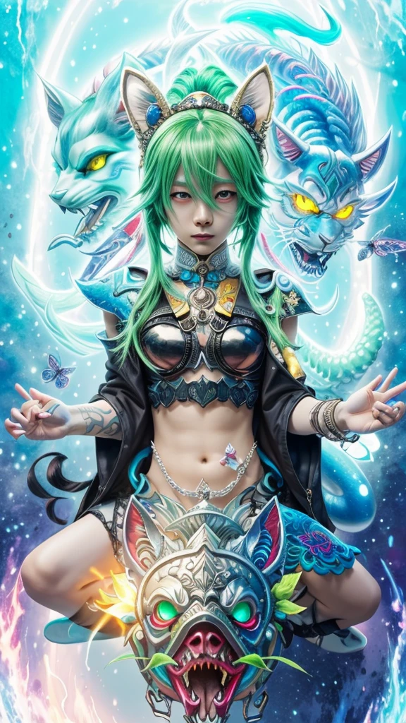 A painting of a man with green hair and a black jacket, A delicate androgynous prince, Beautiful androgynous prince, Awesome Dream Demon, Handsome men from Demon Slayer, Demon Slayer Louis Fan Art, Handsome Japanese Devil Boy, Inspired by Bian Shoumin, Official Fan Art, Inspired by Yanjun Chen, 2D Anime Style, Male Anime Style, Very detailed fan art