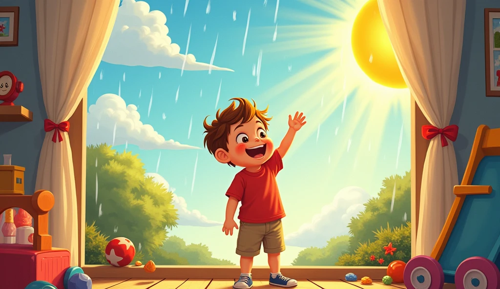 Here's a prompt based on the song:
"Create a playful and colorful illustration that captures the essence of a rainy day turning into a sunny one. The scene shows a cheerful child looking out of a window as the rain starts to clear. The rain clouds are parting, revealing a bright, sunny sky. The child is smiling, with a hand raised as if waving goodbye to the rain. In the background, toys and outdoor play equipment are ready for action once the rain stops. The atmosphere is light-hearted, with a feeling of anticipation and joy."