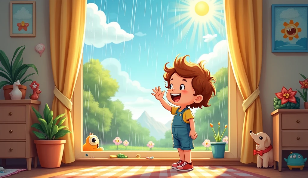 Here's a prompt based on the song:
"Create a playful and colorful illustration that captures the essence of a rainy day turning into a sunny one. The scene shows a cheerful child looking out of a window as the rain starts to clear. The rain clouds are parting, revealing a bright, sunny sky. The child is smiling, with a hand raised as if waving goodbye to the rain. In the background, toys and outdoor play equipment are ready for action once the rain stops. The atmosphere is light-hearted, with a feeling of anticipation and joy."
