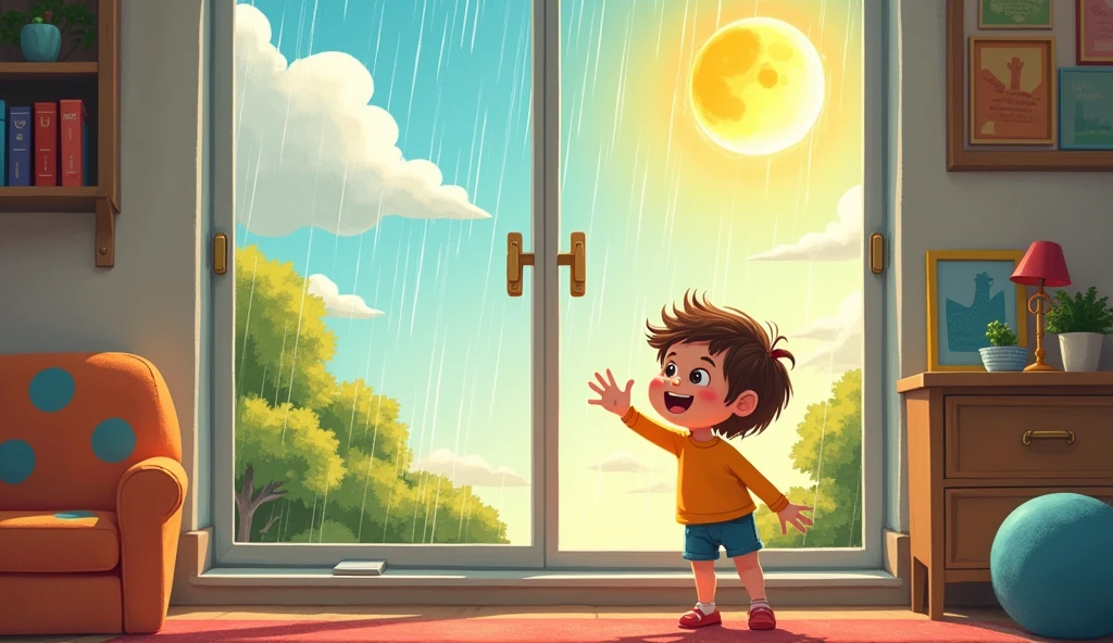 Here's a prompt based on the song:

"Create a playful and colorful illustration that captures the essence of a rainy day turning into a sunny one. The scene shows a cheerful child looking out of a window as the rain starts to clear. The rain clouds are parting, revealing a bright, sunny sky. The child is smiling, with a hand raised as if waving goodbye to the rain. In the background, toys and outdoor play equipment are ready for action once the rain stops. The atmosphere is light-hearted, with a feeling of anticipation and joy."