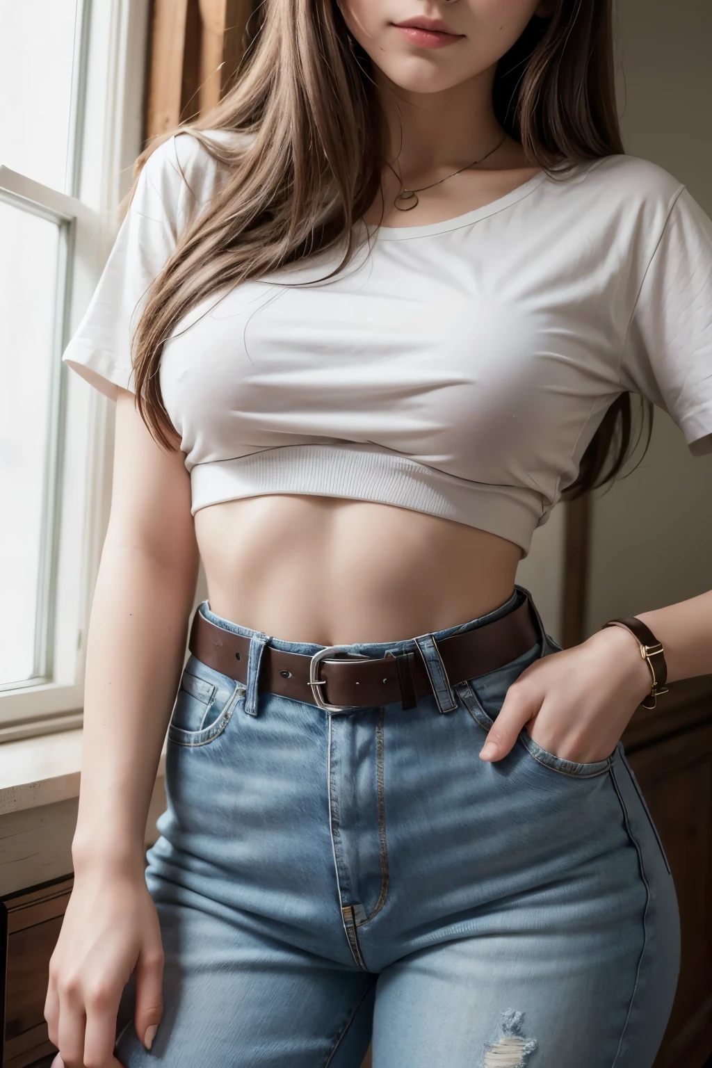 Beautiful 18 year old brunette girl wearing a shirt and high waisted jeans with a belt showing her T-shaped belly button