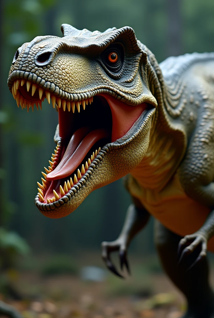 detailed trex dinosaur,photorealistic,highly detailed,extremely realistic,intricate scales,sharp focus,natural lighting,hyper realistic,lifelike,studio lighting,cinematic,dramatic lighting,epic,majestic,powerful,ferocious,intimidating,aggressive,menacing,powerful jaws,sharp teeth,clawed feet,muscular body,brown and green scales,textured skin,dynamic pose,roaring,aggressive expression,close up shot,low angle view,photorealism,8k,high resolution,maximum detail