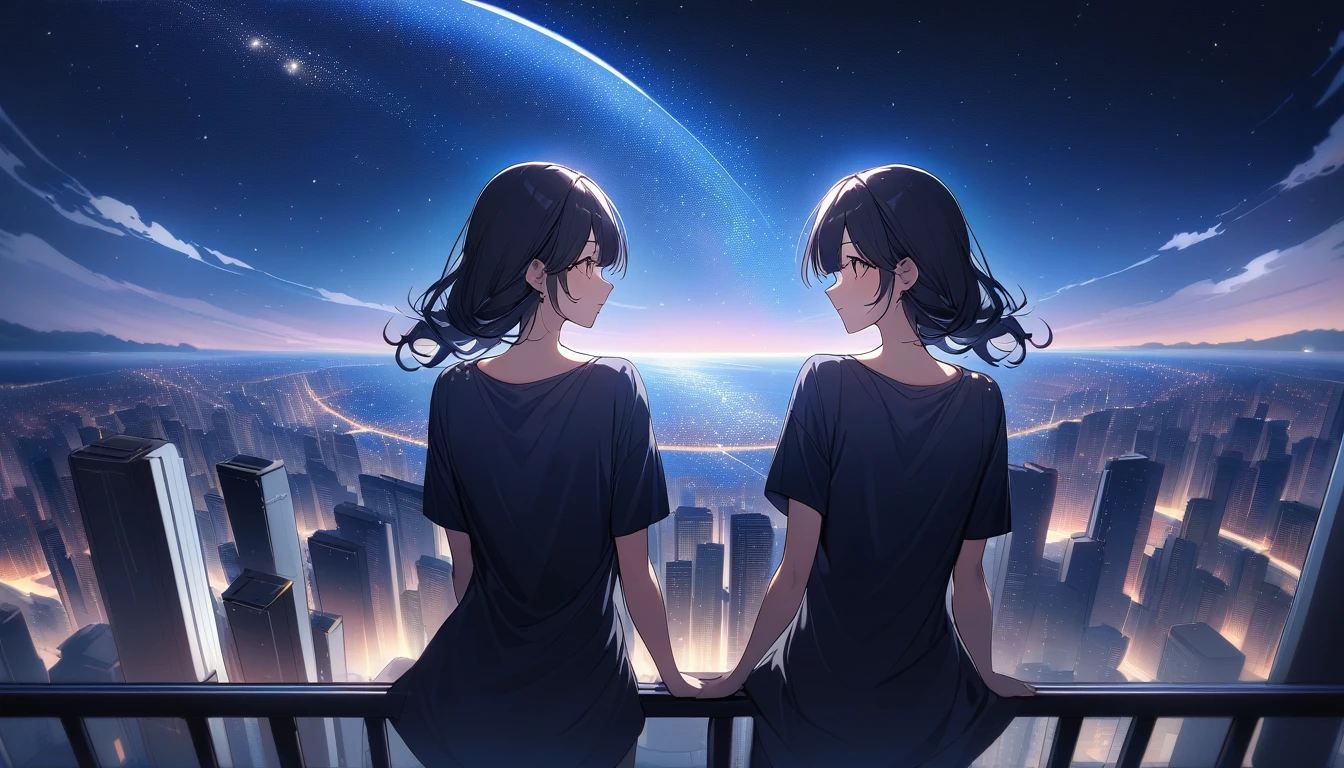 Highest quality、Ultra-fine、16K、Ridiculous、Very detailed、SkyscraperBeautiful woman、Gazing into the distance、Wearing a long, loose T-shirt、Attractive appearance、Wind、Wind効果、Starry night view、(Spectacular views:1.1)、Clockpunk