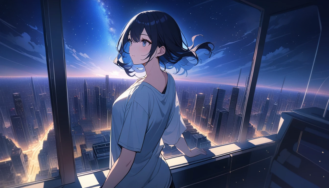 Highest quality、Ultra-fine、16K、Ridiculous、Very detailed、SkyscraperBeautiful woman、Gazing into the distance、Wearing a long, loose T-shirt、Attractive appearance、Wind、Wind効果、Starry night view、(Spectacular views:1.1)、Clockpunk