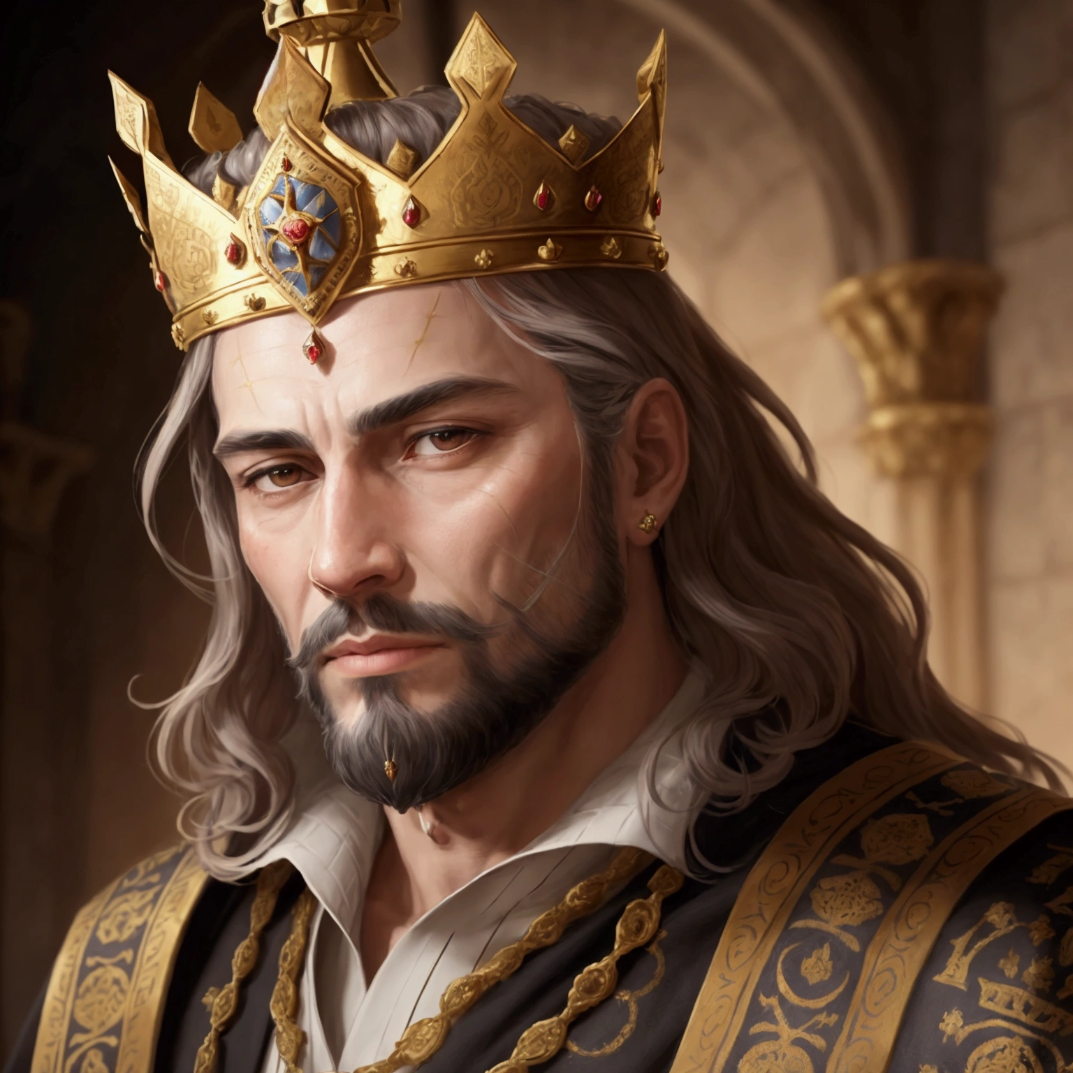 A close-up illustration of a medieval king. The king is depicted with a crown adorned with intricate details, representing his royal status. His facial features are strong and regal, with a well-groomed beard and expressive eyes that reflect wisdom and authority. He wears a richly decorated robe with ornate patterns and a fur-lined collar, adding to his majestic appearance. The background is softly blurred, focusing attention on the king's face, and the lighting highlights the textures of his clothing and the metallic sheen of his crown. The overall style of the illustration combines realism with artistic embellishments, capturing the essence of medieval royalty., Hyperrealism, Surrealism, UHD, retina, masterpiece, anatomically correct, accurate, textured skin, super detail, award winning, 16k
