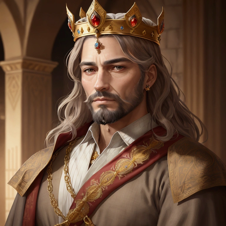 A close-up illustration of a medieval king. The king is depicted with a crown adorned with intricate details, representing his royal status. His facial features are strong and regal, with a well-groomed beard and expressive eyes that reflect wisdom and authority. He wears a richly decorated robe with ornate patterns and a fur-lined collar, adding to his majestic appearance. The background is softly blurred, focusing attention on the king's face, and the lighting highlights the textures of his clothing and the metallic sheen of his crown. The overall style of the illustration combines realism with artistic embellishments, capturing the essence of medieval royalty., Hyperrealism, Surrealism, UHD, retina, masterpiece, anatomically correct, accurate, textured skin, super detail, award winning, 16k