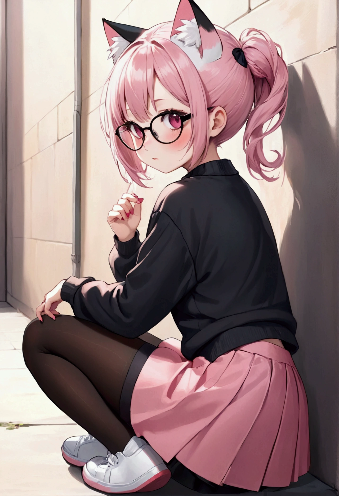 I have white pink hair, cat ears, a bun, my face is super blushing, black glasses, pink heart eyes, a big pink sweatshirt, a black skirt, black stockings, white shoes, a cat's tail, a girl. very shy that she is glued to a wall with her butt