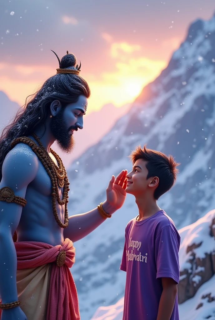 18 years old boy walking and lord mahadev coming after him and your hand putting on boy head on mountains. Both are smiling. Boy is wearing purple t-shirt and name "Neelesh" write on it. He looks very realistic, cute, shiva tilak decain on your head, and happy. very realistic pictures, high quality picture, realistic mountain, snowfalling moment.sun lights reflection in back. and "happy mahashivratri" write on sky."