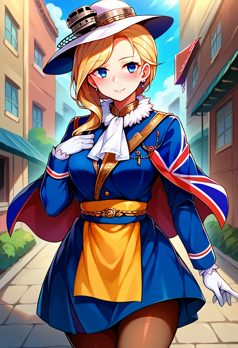 score_9,score_8_up,score_7_up BREAK 1girl, solo, cowboy shot, three-quarter portrait, standing, breasts, hair over shoulder,long hair, smile, closed mouth, hoddef, union jack capelet, blue coat, white hat, tilted headwear, long sleeves, white gloves, yellow sash, blue skirt, frills, brown pantyhose, fur collar, white ascot, earrings, outdoors, blonde hair, hand on own chest, blush, 