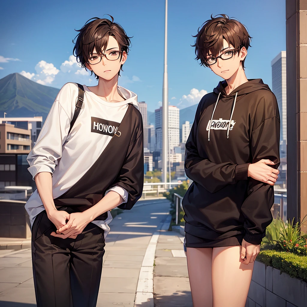 One androgynous woman, (Undercut short hair:1.1), brown hair with a perm, dark brown eyes, handsome appearance, wearing glasses, dressed in a casual hoodie, with the landscape seen from Mount Moiwa in Sapporo City as the background
