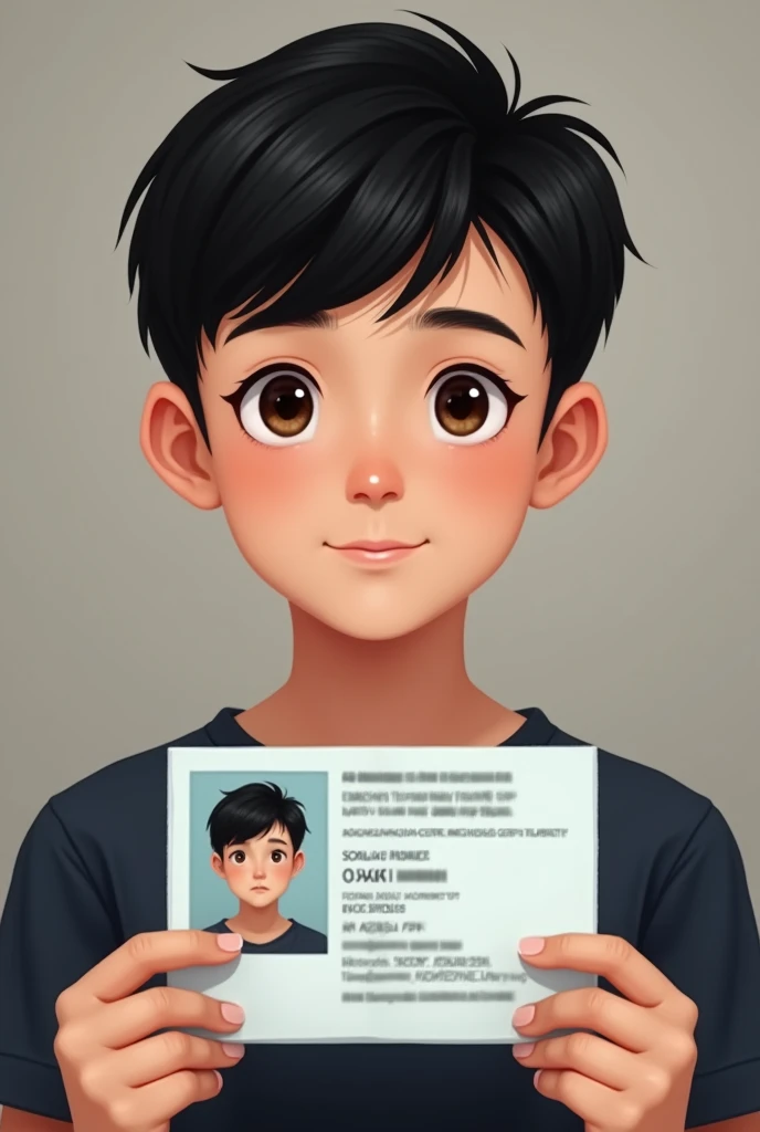 A Vietnamese teenager boy holding a photo id with his full information in it.