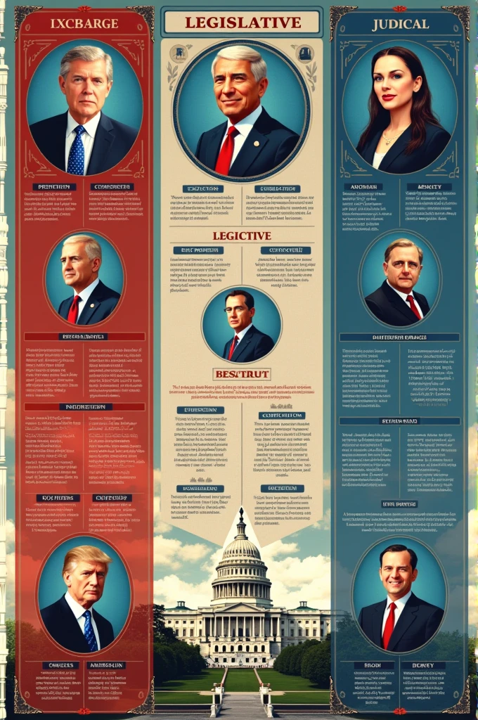 Make a 10-sided brochure image about the three branches of government: executive, legislative and judicial, the name of those who make them up and how they are currently composed and the functions of each of the organs of the state must have an introduction,  conclusion and creativity. 