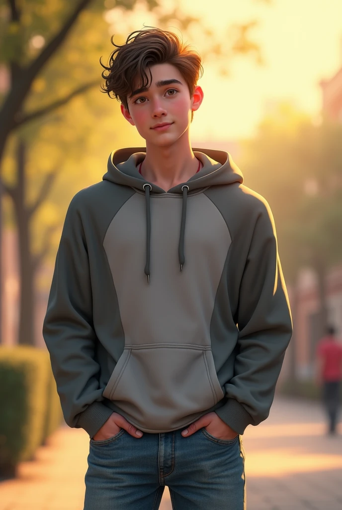 Generate a hyper-realistic image of a handsome age boy standing outdoors. He has a chiseled face with a confident yet approachable expression. His hair is slightly wavy and falls naturally around his face. He wears a trendy, casual outfit, such as a fitted hoodie and jeans. The background features a sunlit park or urban setting with soft, natural colors. The light should enhance his features and create a vibrant, youthful atmosphere."