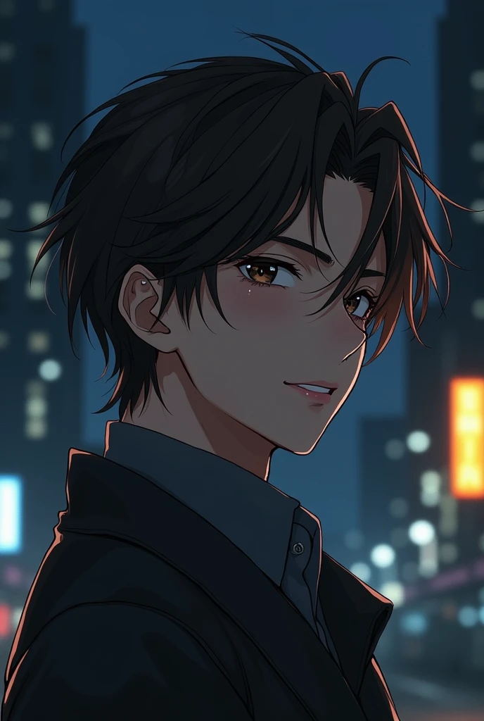Man in his 30s、Sexy adult man、An ennui atmosphere、Long Bangs、Teardrop、Sidelong glance、Diagonal landscape、Brown eyes、Brown Hair、Droopy eyes、A frivolous smile、A little long hair、Semi-realistic illustrations with an anime feel、The background is a night city、Lips are without color
