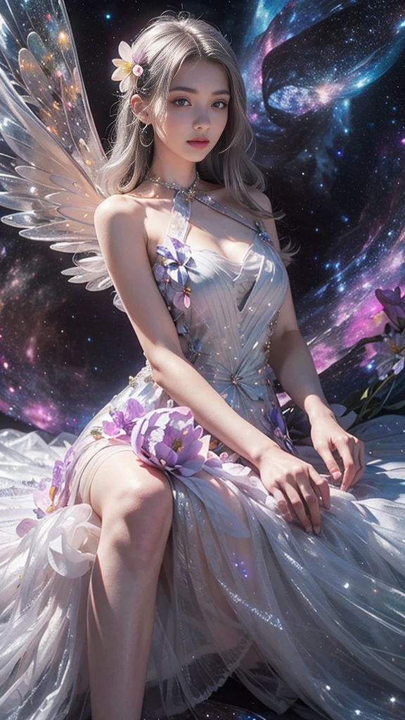 4k ultra hd, masterpiece, a girl, good face, detailed eyes, detailed lips, flower fairy girl, big wings, transparent wings, neon lights, (galaxy background:1.5), (flower dress:1.8), (silver dress:1.5), in the heaven, sitting,