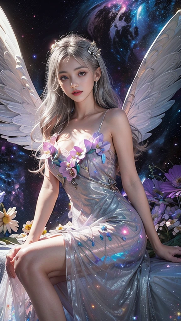 4k ultra hd, masterpiece, a girl, good face, detailed eyes, detailed lips, flower fairy girl, big wings, transparent wings, neon lights, (galaxy background:1.5), (flower dress:1.8), (silver dress:1.5), in the heaven, sitting,