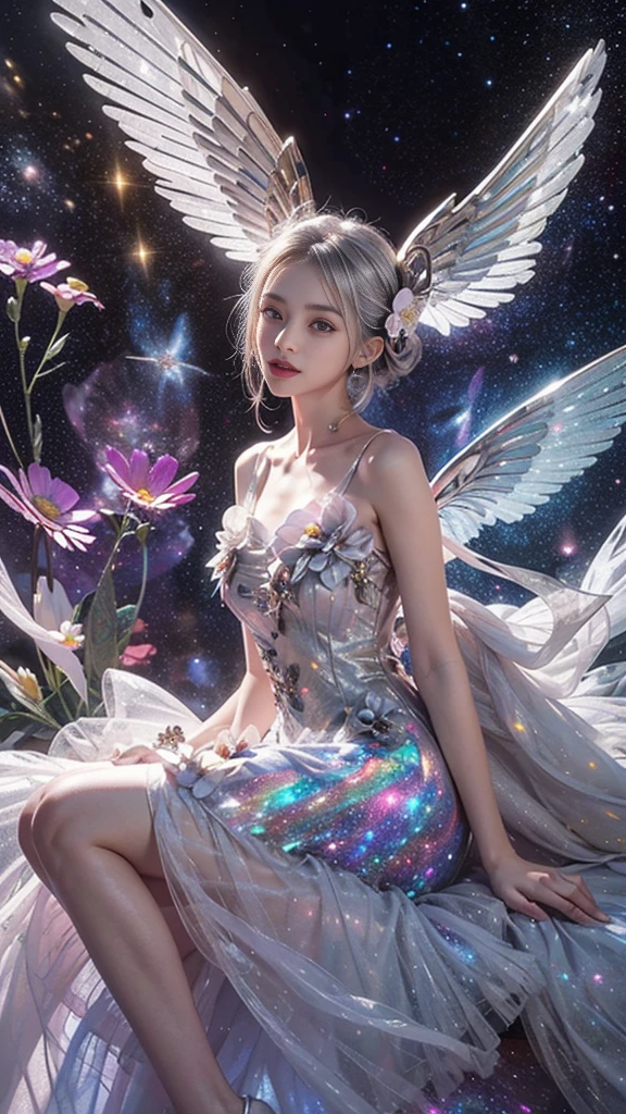 4k ultra hd, masterpiece, a girl, good face, detailed eyes, detailed lips, flower fairy girl, big wings, transparent wings, neon lights, (galaxy background:1.5), (flower dress:1.8), (silver dress:1.5), in the heaven, sitting,