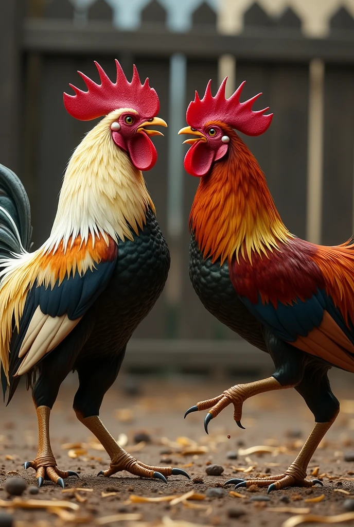a very angry adult rooster fighting with another rooster
