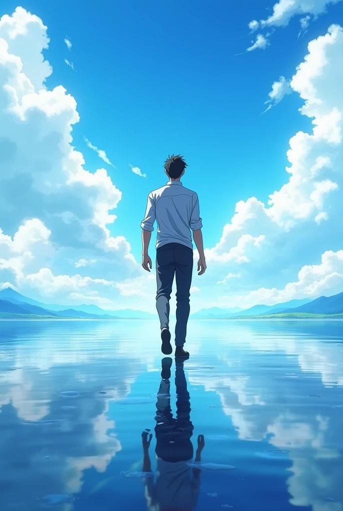 A handsome man walking on a wet surface with his back turned to the viewer, set against a bright blue sky with beautiful skies. The sky and clouds are reflected on the wet surface. The man is centered with the focus on the expansive and fantastical landscape, reminiscent of a cinematic scene, rendered in high detail. Anime stylized with high contrast and vibrant colors.