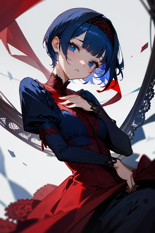 Red and navy lace dress、cute、Villainess、head band、wonderful、short hair、Calm feeling、(Blue Eyes).