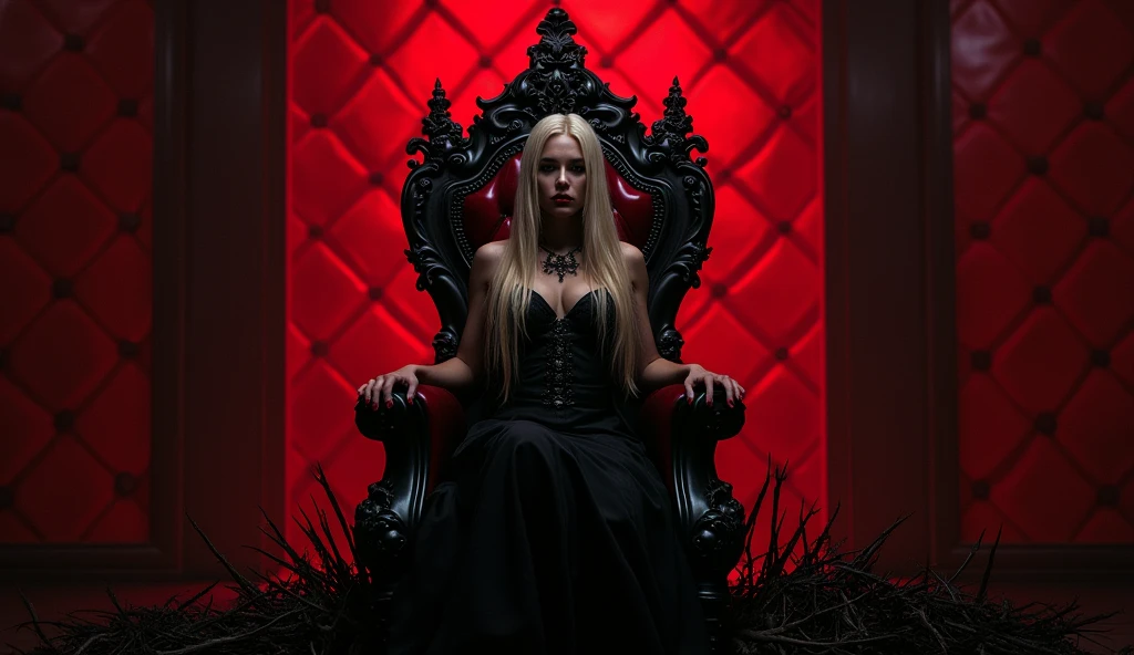 RAW Photos,black light, hair blonde, blonder woman, dark surroundings, Dark masterpiece, mulher fair brown-skinned, SITTING ON A THRONE, throne with thorns, black roses, woman in black dress, posing photo, long hair, hair blonde, black witchcraft, red geometric shiny background, full body size, Eastern fantasy theme, Eyes red, underworld, cold stare, Dark clothes, long and tight, fair brown-skinned, color classification, dark illustration, extreme quality, Radiant, extremely detaild, Face ultra detailed, ultra hd 8k, ultradigitality, mythical, black lightning, Conceital Art Portrait of Greg Rutkowski, artgerm, hyperdetailed, intricately detailed Gothic art, dark gothic fantasy style, triadic colors, Fantastic, intricate-detail, opening screen, colors complementary, fantasy concept art, 8K resolution, masterpiece of gothic deviantart, Heavy strokes, soft lighting, Surrealism