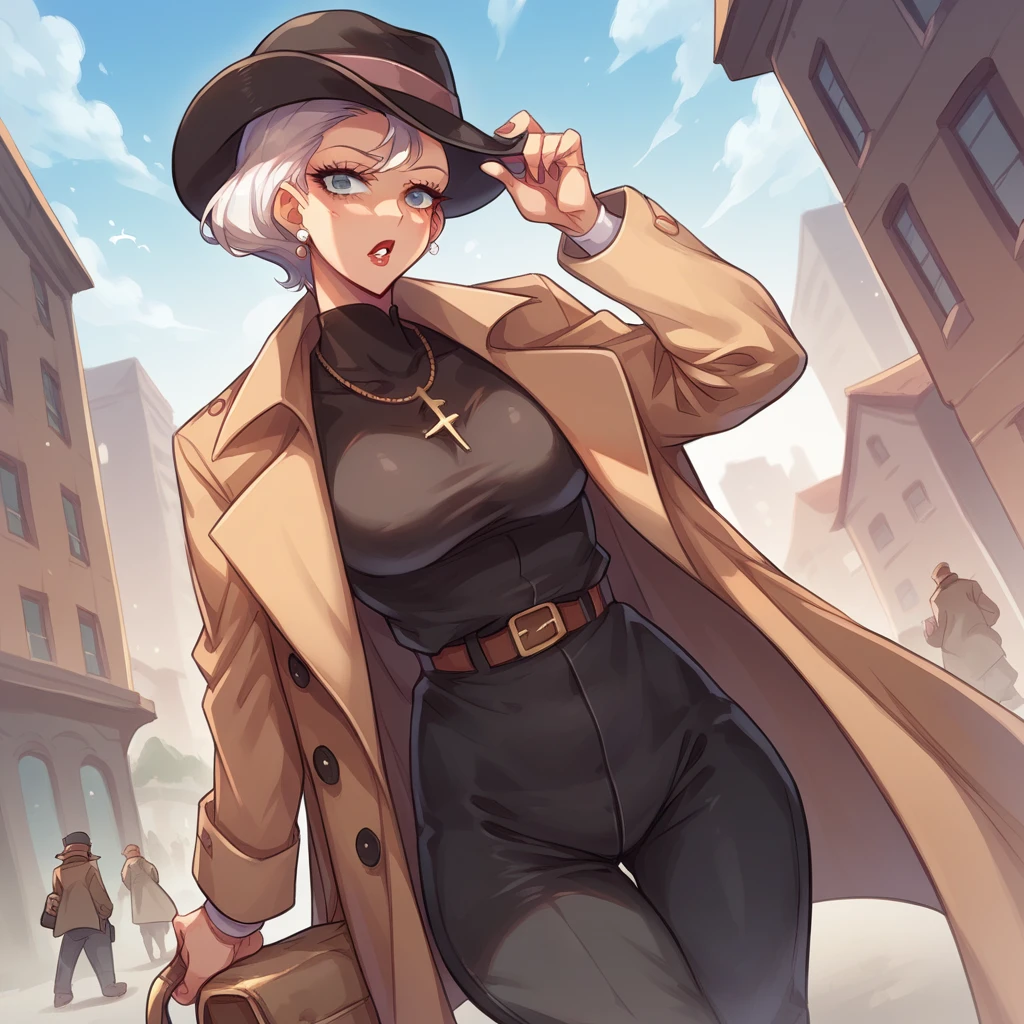 female detective, wear black dress pants, a short hat and wears a trench coat, In the background a city with giant buildings 