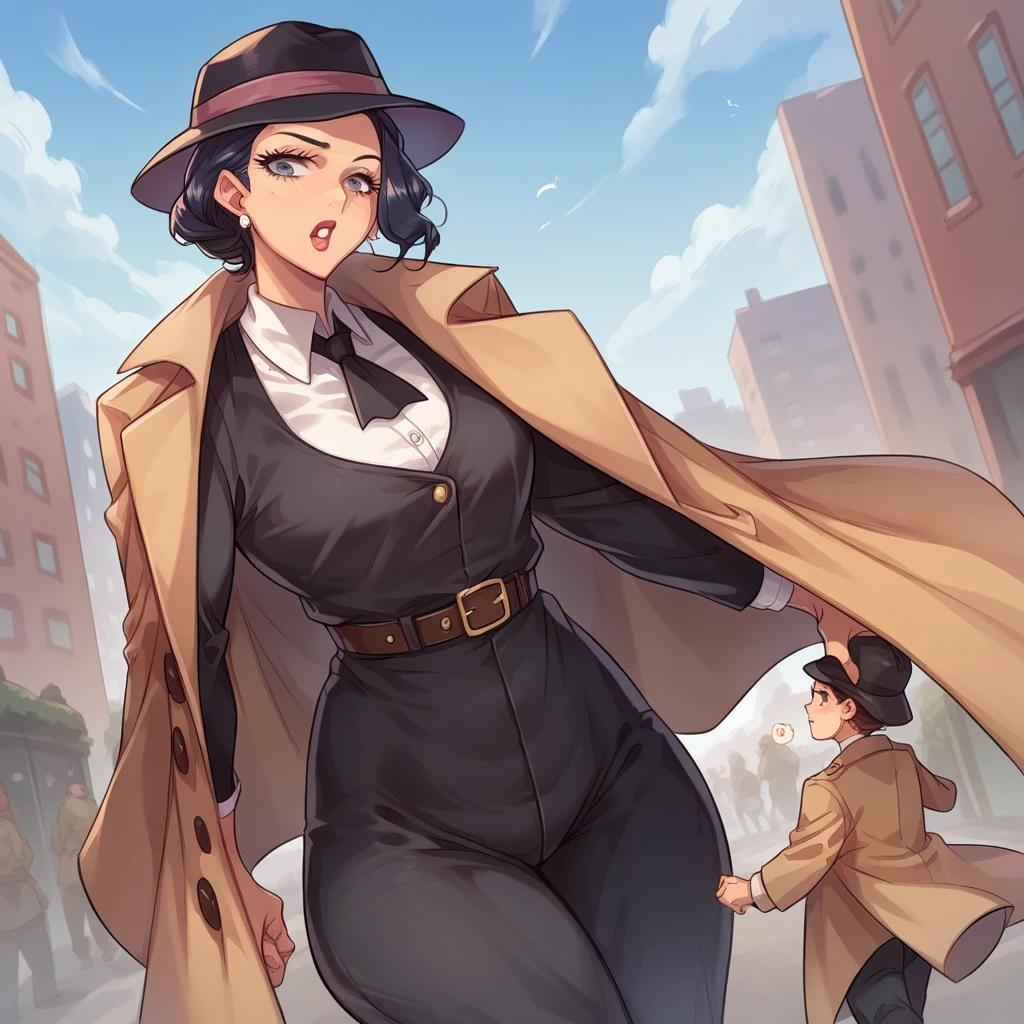 female detective, wear black dress pants, a short hat and wears a trench coat, In the background a city with giant buildings
