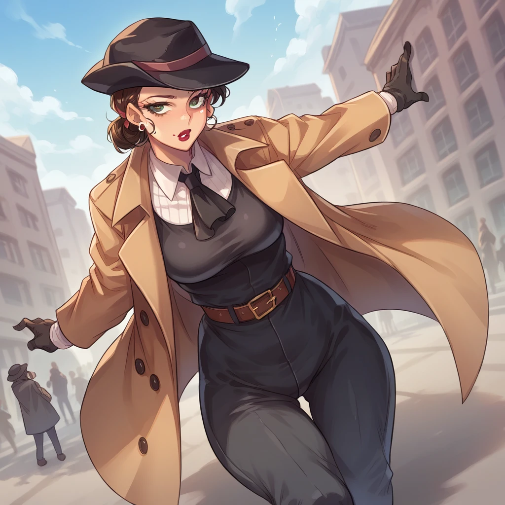 female detective, wear black dress pants, a short hat and wears a trench coat, In the background a city with giant buildings 