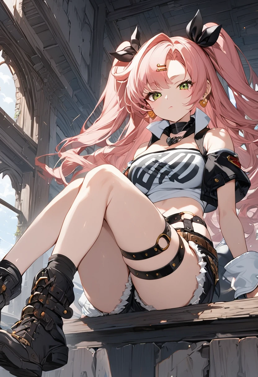 1girl, ,,nicole demara, tube top, single thighhigh, short shorts, cropped jacket, belt boots, hair ribbon, hairclip, earrings, single sock, high belt, thigh strap, detached sleeves, doll, black collar,((Anime illustration)) ((Incarnate detail)) ((Masterpiece)) ((Highest quality))