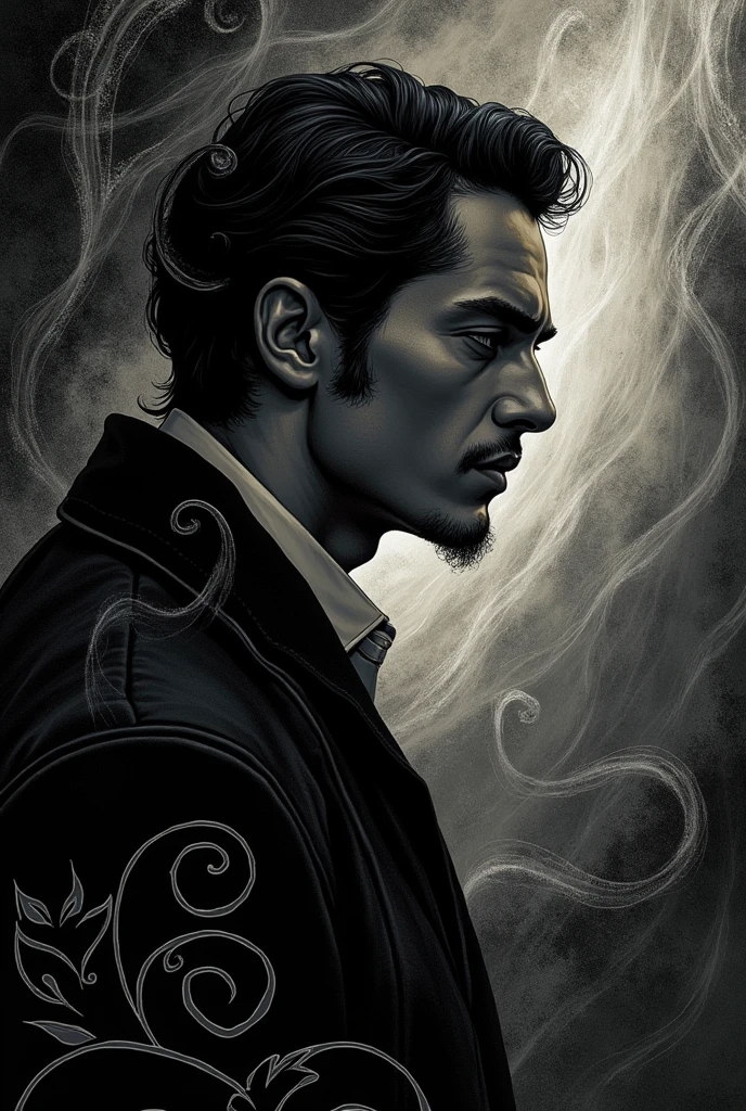 Art Nouveau style、Profile of a foreign man、Ghost decoration、night、Right facing、Black and White、Thick and clear lines