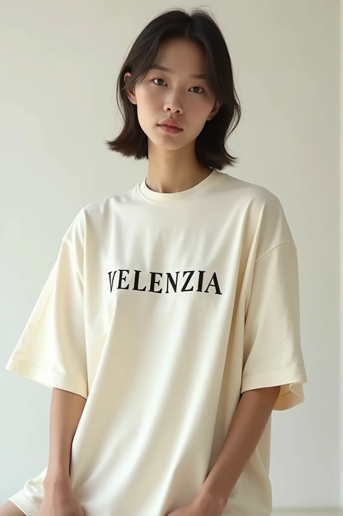 Create a photo of an ai model wearing a creame colour oversized tshirt and on the tshirt it's written VELENZIA with black colour on the chest