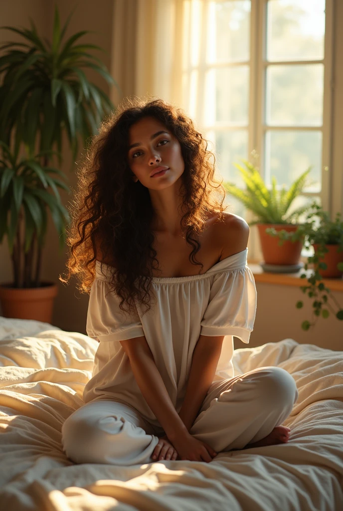(photorealism:1.2), beautiful woman, sitting on bed, wearing loose off-shoulder top, pajama pants, long curly hair, indoors, soft lighting, plants in background, window with sunlight, cozy room, relaxed pose, realistic, intricate details, warm colors, by Greg Rutkowski, by Alphonse Mucha