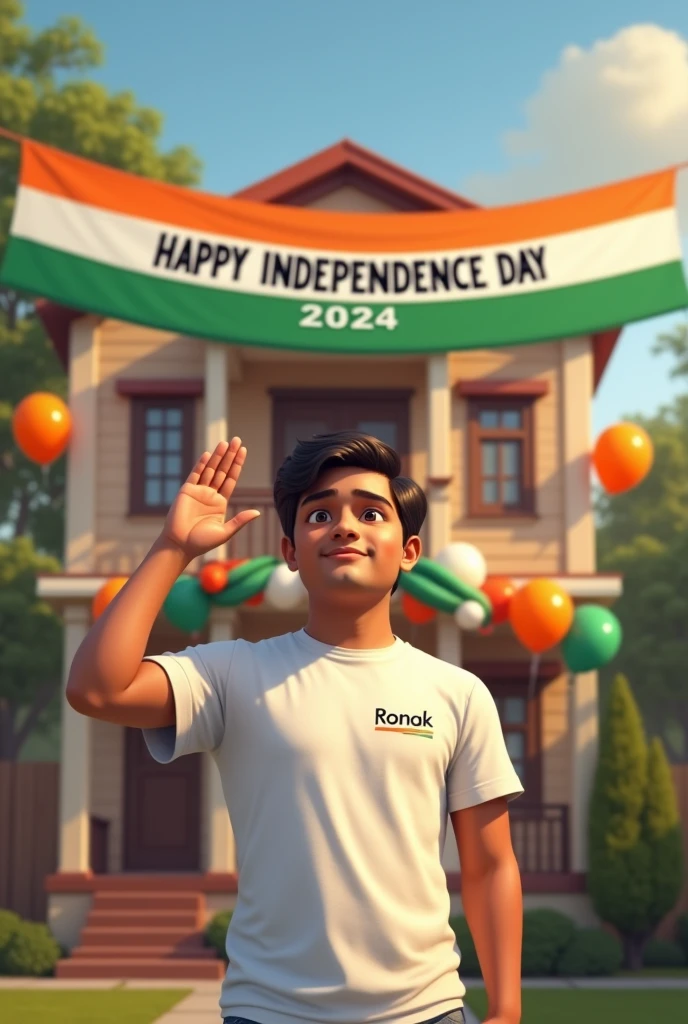 A real 25 year old boy, wearing a white "Ronak" T-shirt stands in front of a house decorated with Indian flags and tricolor balloons, saluting for an upcoming Independence Day celebration. The house has a large banner that reads "HAPPY INDEPENDENCE DAY 2024 and make sure text should be correct.