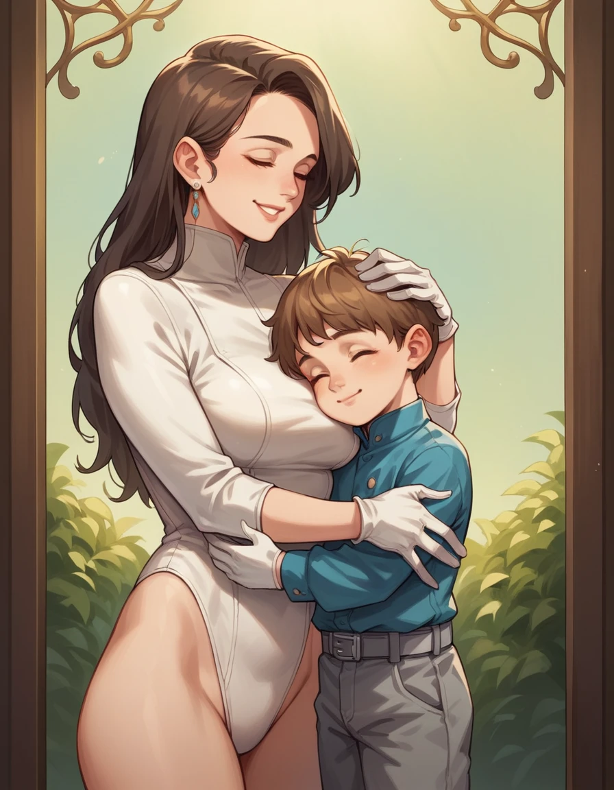 1 chico, 1 girl, mature woman, mother and son, , hug, smile, hand on head, standing, masterpiece, Best Quality, leotard blue, long sleeves, long white gloves, Gray belt, medium breasts