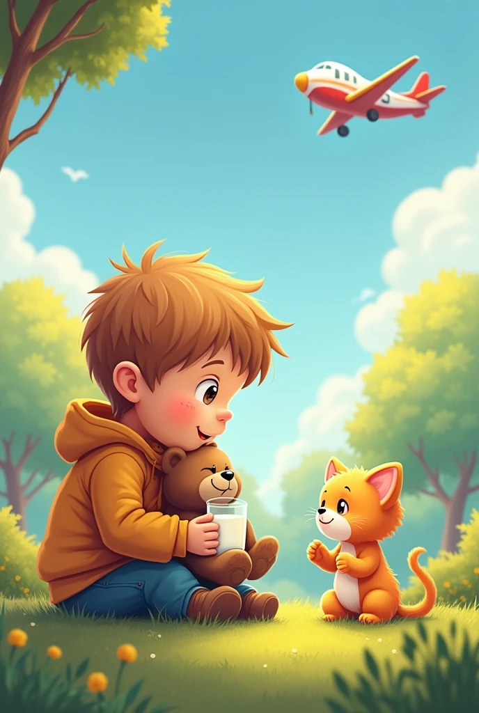 Cute kid boy with teddy in hand.sitting in park  with cute kitten near him drinking milk .the sky is blue and there is a plane 
