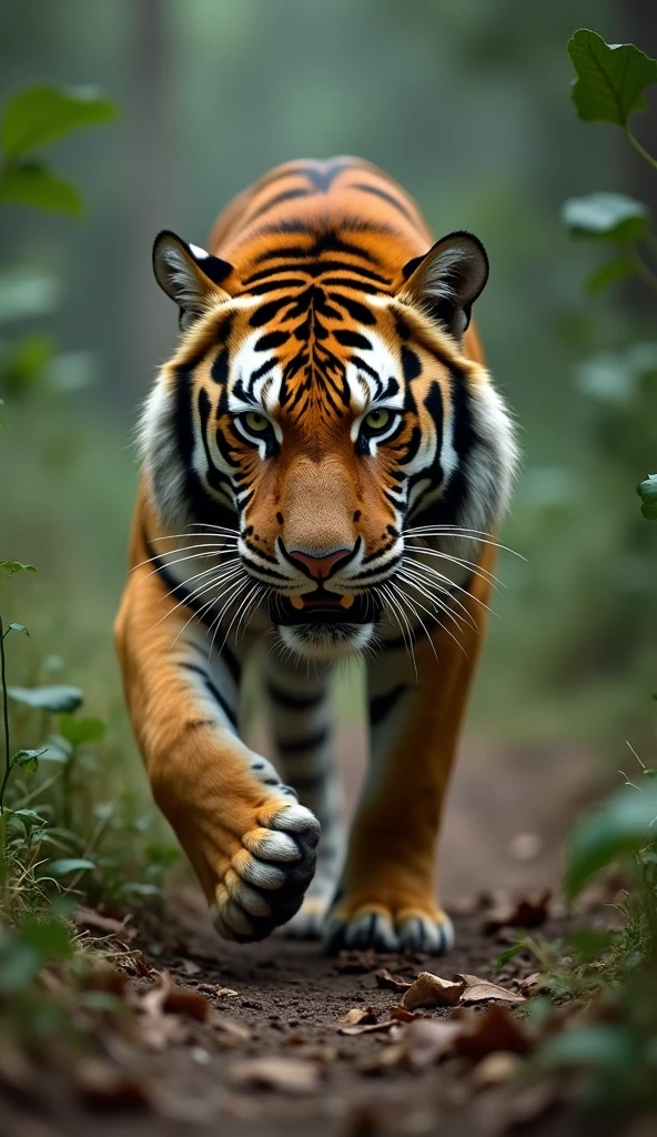 A tiger in mid-hunt, modern day, in the jungle, stalking its prey, with its stripes blending into the surroundings, the tension of the hunt captured, dynamic shot, hyper-realistic, photo realism, cinematography --ar 9:16.