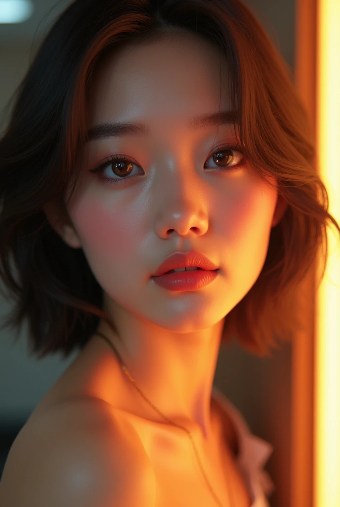 dressed, (photo realistic:1.4), (hyper realistic:1.4), (realistic:1.3), (smoother lighting:1.05), (increase cinematic lighting quality:0.9), 32K, 1girl,25yo girl, realistic lighting, backlighting, light on face, ray trace, (brightening light:1.2), (Increase quality:1.4), (best quality real texture skin:1.4), finely detailed eyes, finely detailed face, finely quality eyes, (tired and sleepy and satisfied:0.0), ((face closeup)), bikini, korean girl, (Increase body line mood:1.1), (Increase skin texture beauty:1.1), (pink_makeup:1.3, eyeliner:1.22), there a close up of a woman's eye with a digital rendering, (perfect dark eyeshadows:1.25), (detailed makeup on eyes:1.2), iridescent eyes, with professional makeup, (eyeshadow:1.26), vibrant eyes:1.2, ((Glamour, paparazzi taking pictures of her), (very complicated Extravagant street outfit), The attention to detail, Double eyelids, Wear an off-the-shoulder top, full bodyesbian,((White short hair)), ((brown_eyes)), 16K, UHD, Extremely detailed, voluminetric warm lighting,