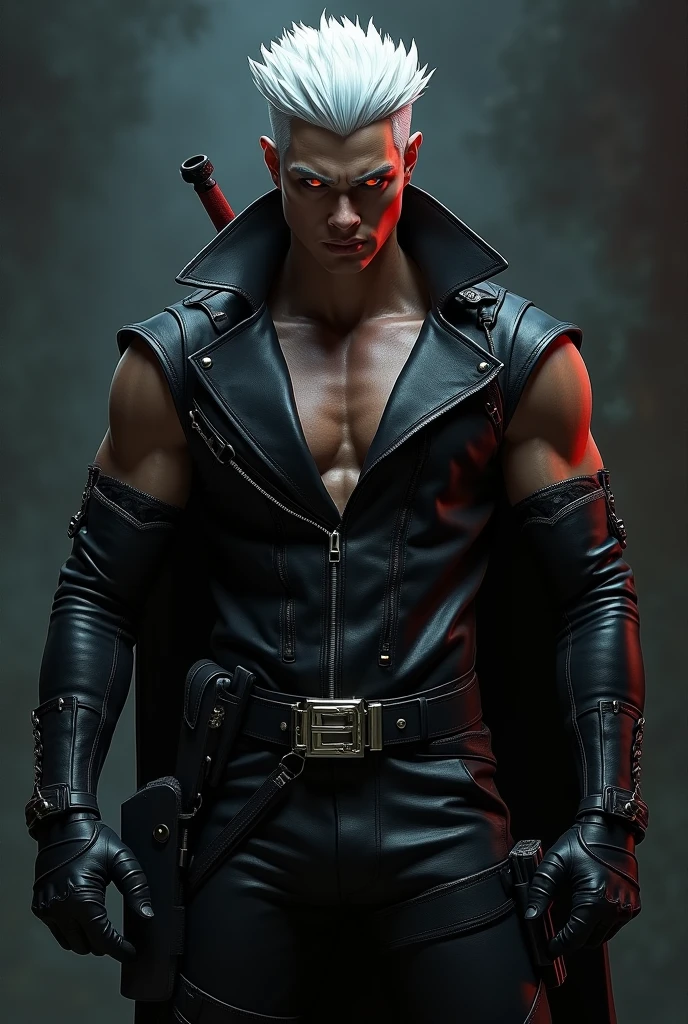 Jackson Wang 25 years old, white hair color, red eyes a good defined and marked body, with Blade the Vampire Slayer attire